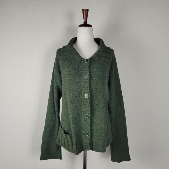 Flax Sweater Womens Small Medium Green Pima Boucle Cotton Cardigan - Picture 1 of 8